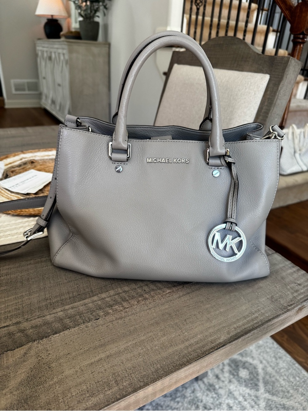 Michael Kors Gray Leather Tote Satchel with MK Charm